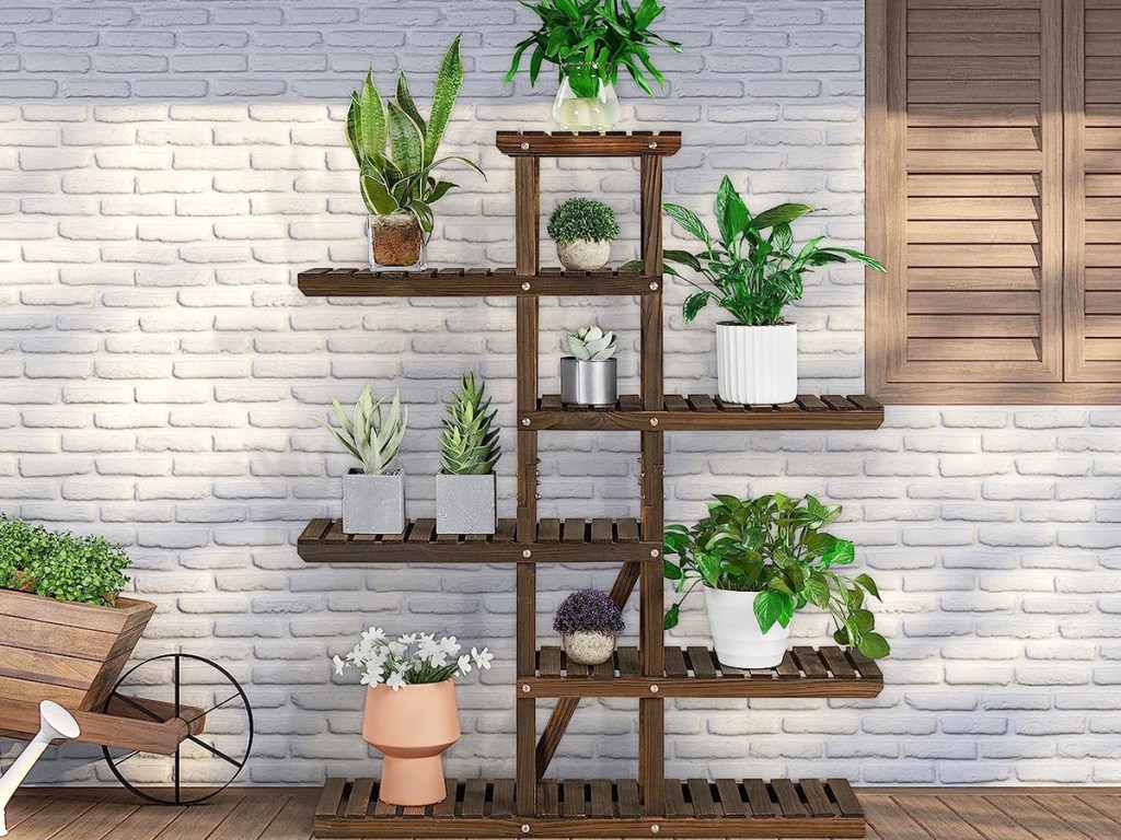 potted plants displayed on a wood plant stand with multiple tiers