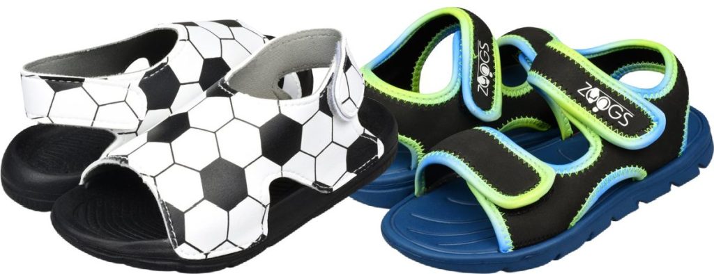 boys soccer print sandals and boys blue, green and black sandals