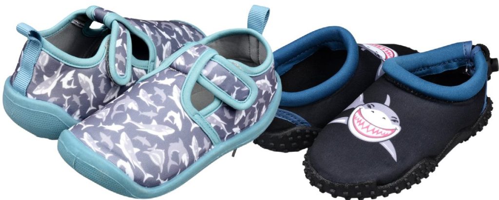 boys gray and blue shark print water shoes and boys black and blue shark print water shoes