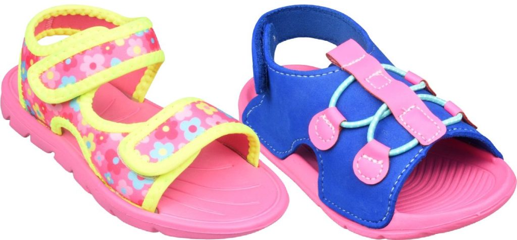 girls pink and yellow floral print sandal, and girls blue and yellow sandal