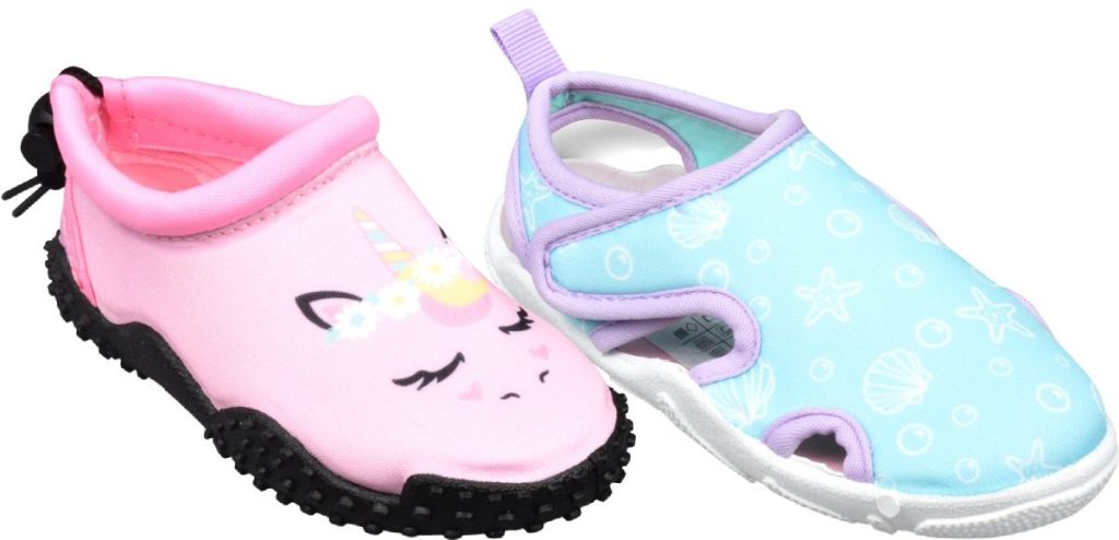 girls pink unicorn water shoe and girls blue and purple seashell print water shoe