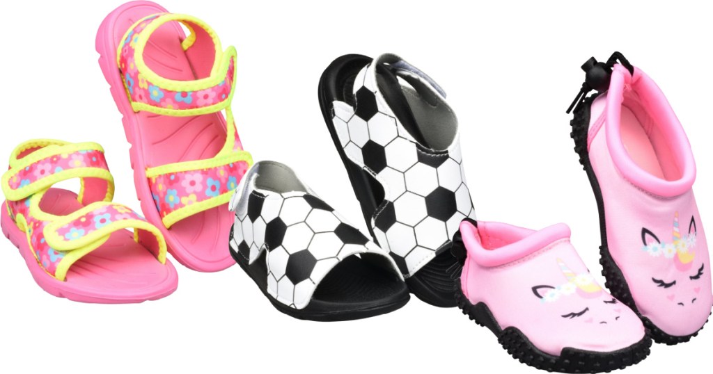 girls pink and yellow floral print sandal, boys soccer print sandal, and girls pink unicorn water shoes