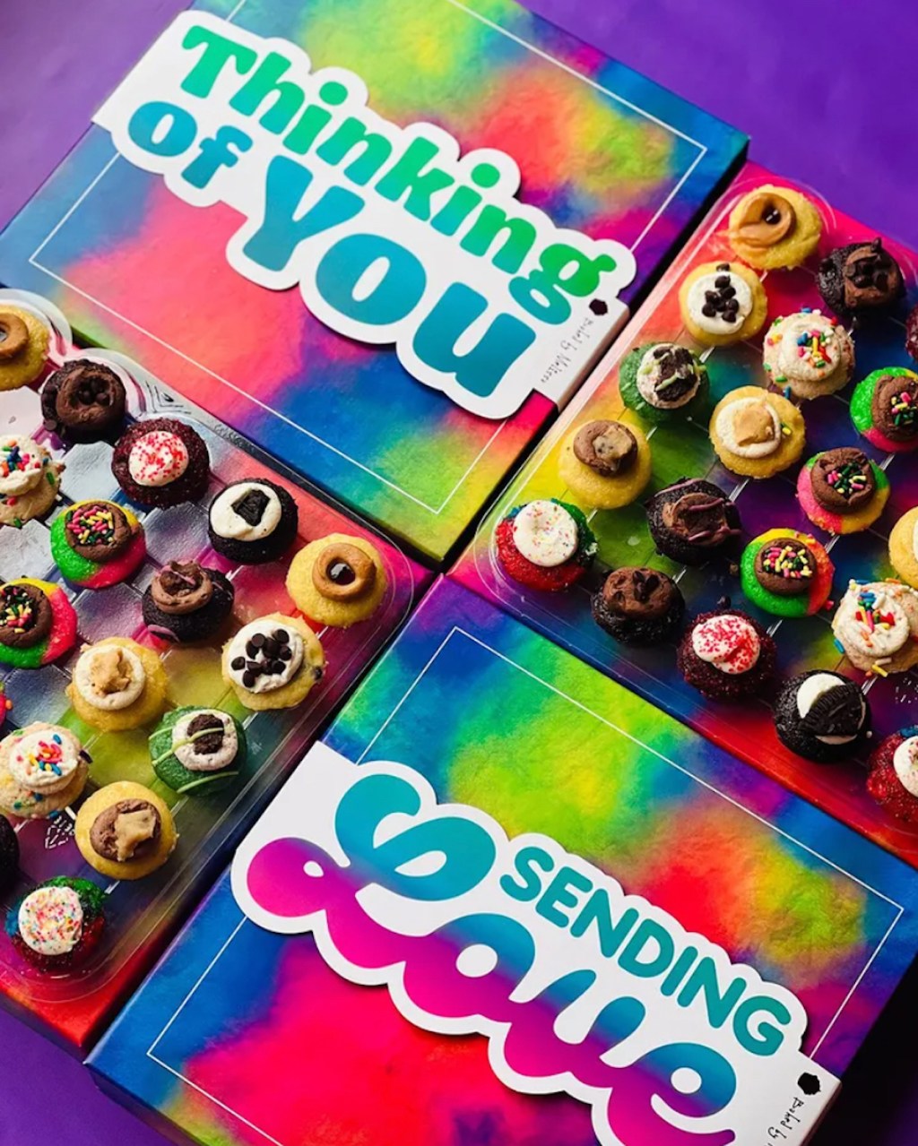 thinking of you and sending love tie dye boxes of mini cupcakes