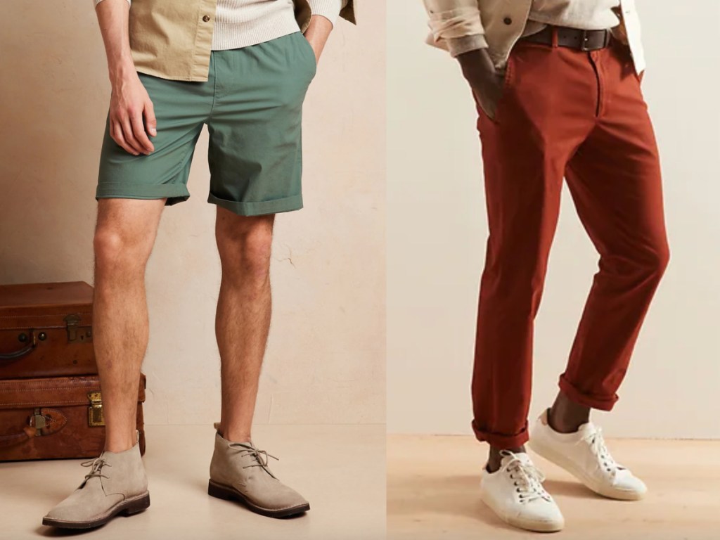 olive shorts and red pants