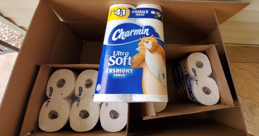 Charmin toilet paper in cardboard boxes