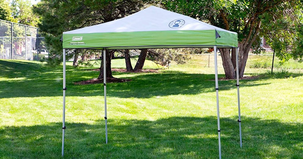 green and white coleman canopy tent in park 