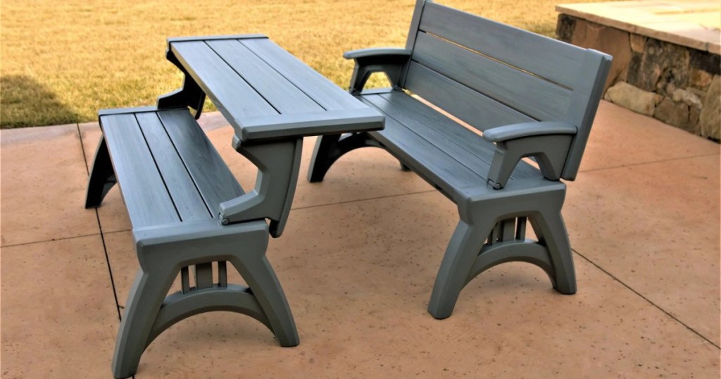 gray bench and table