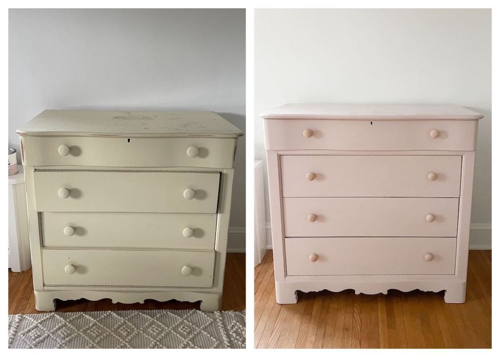 before and after of dresser transformation with blush pink chalk paint
