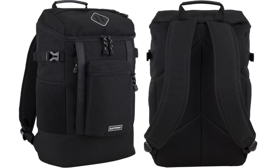 a black laptop backpack with front and back views