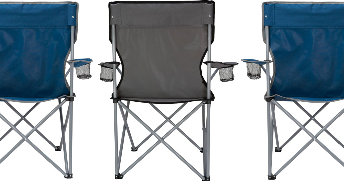 three side by side stock images of black and blue ecotech folding quad chairs