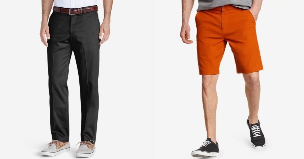 man wearing pants and man wearing orange shorts