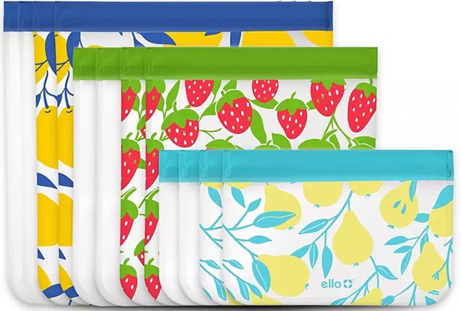 12 reusable ello storage bags in fruit prints 