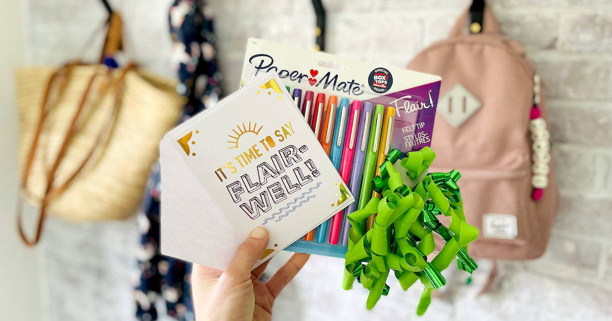 hand holding a card and papermate flair pens for teacher appreciation gifts