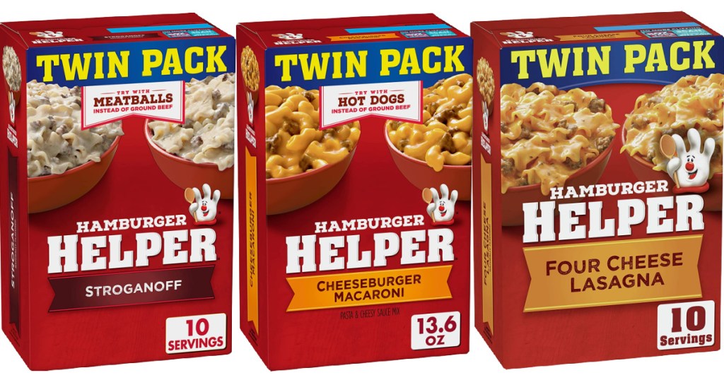 three side by side stock images of hamburger helper boxes