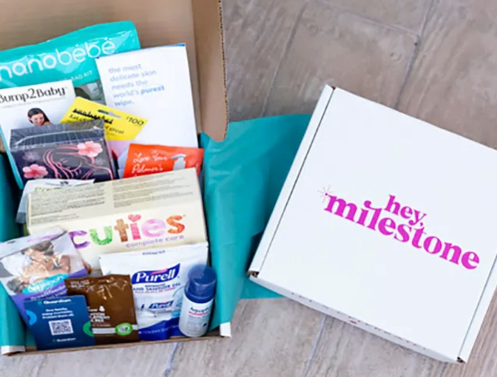 hey milestone boxes filled with baby freebies