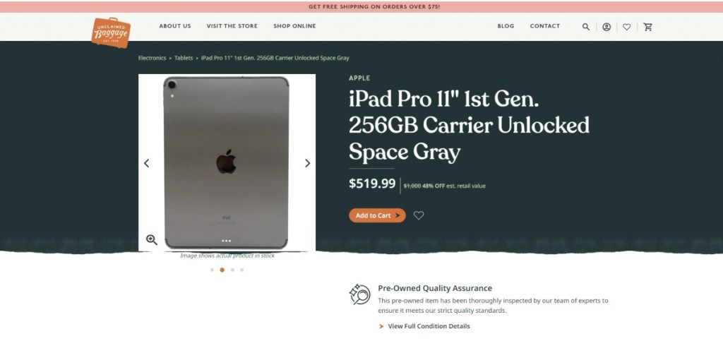 screenshot of iPad Pro on UnclaimedBaggage.com