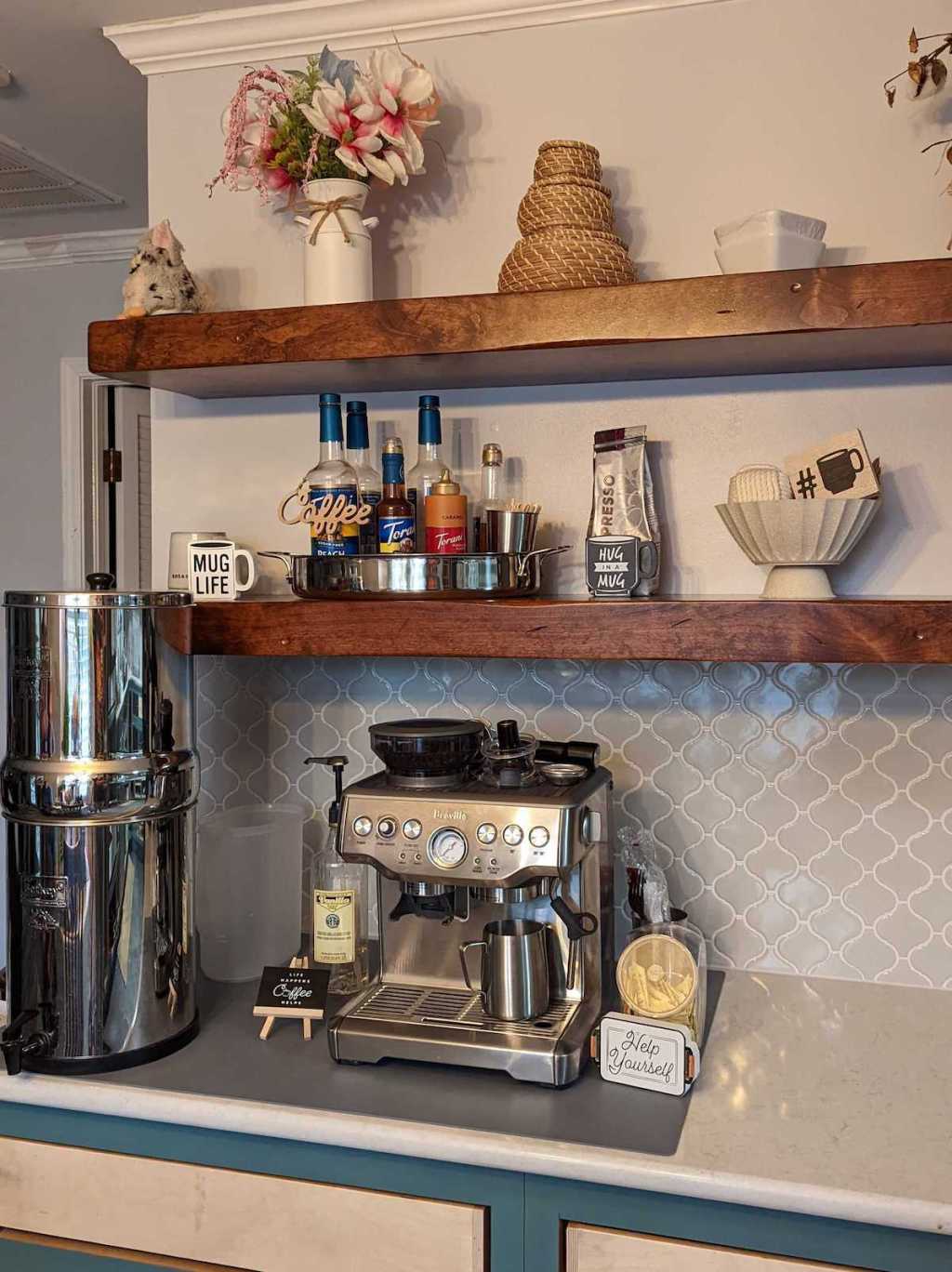 coffee bar in kitchen with floating wood shelves