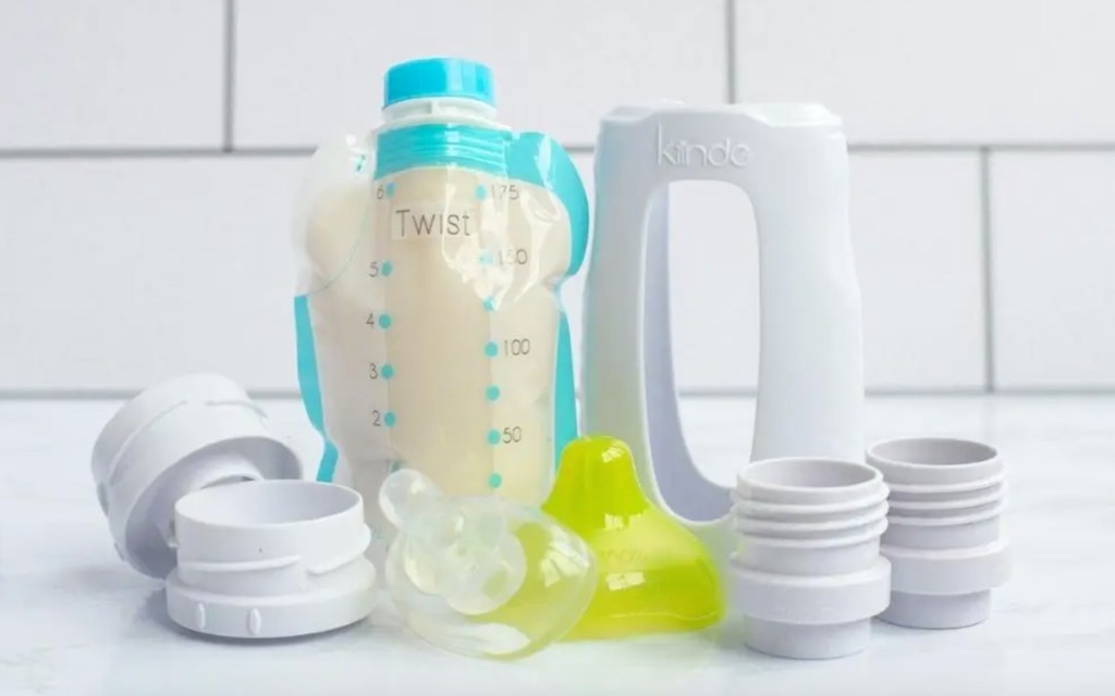 twist kiinde baby breastfeeding products on white countertop