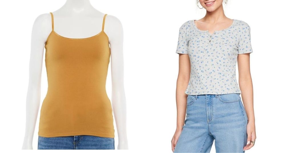 yellow tank and woman wearing blue floral top
