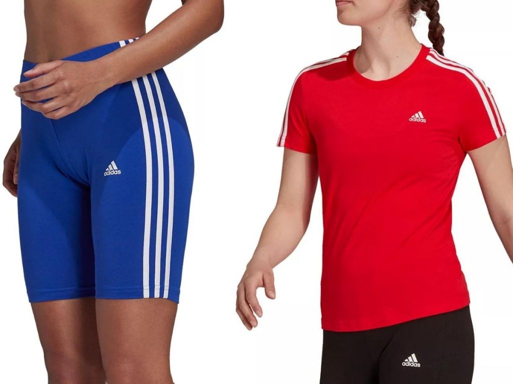 woman wearing blue adidas shorts and red and white adidas tee