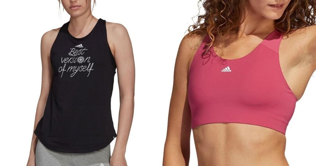 woman wearing black and white graphic adidas top and pink adidas bra