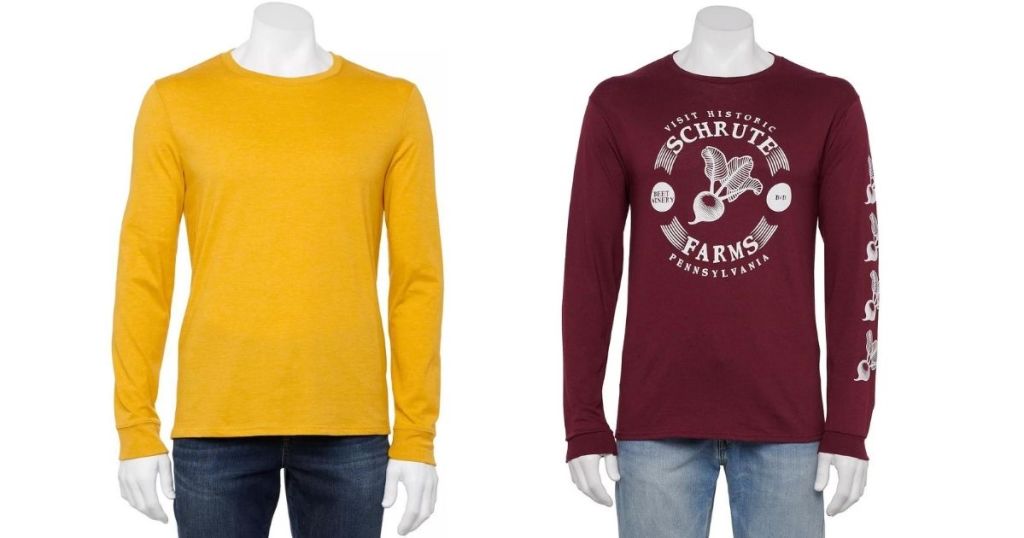 yellow mens long sleeved tee and red schrute farms graphic mens tee