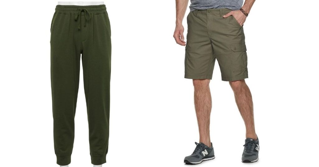 mens green sweatpants and man wearing green cargo shorts