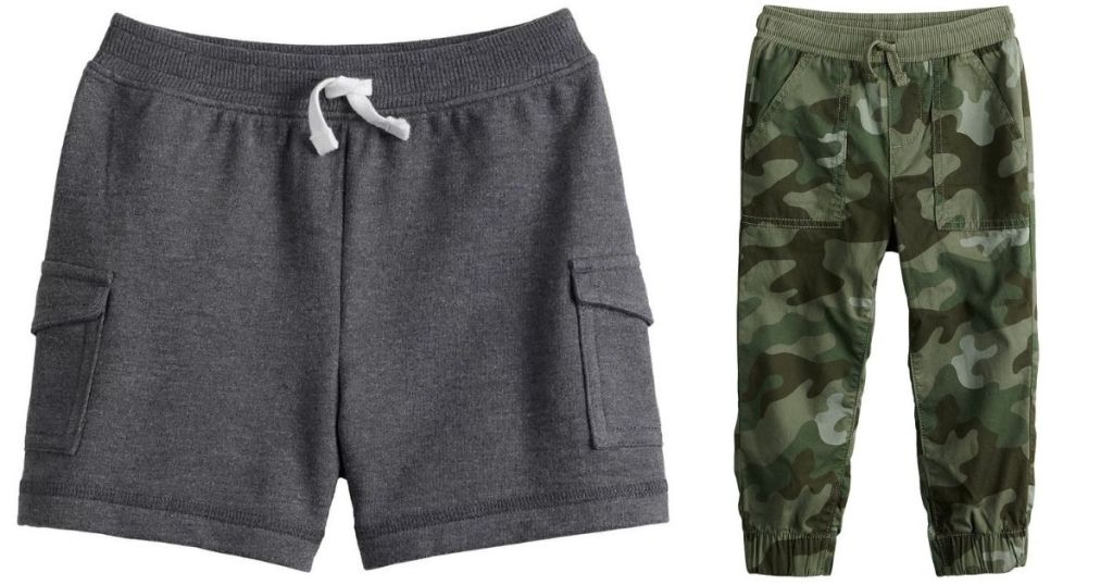 boys gray sweatpant shorts and camo pants