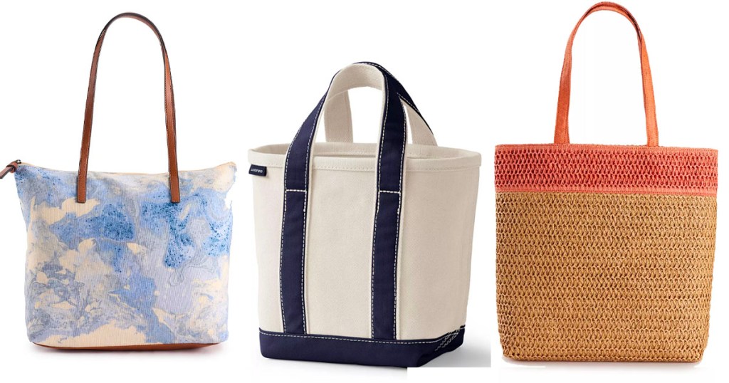 marble blue, blue and white and pink straw totes