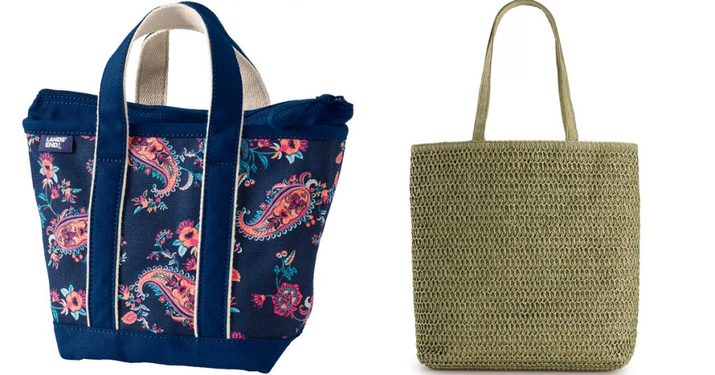 blue floral and green wicker totes
