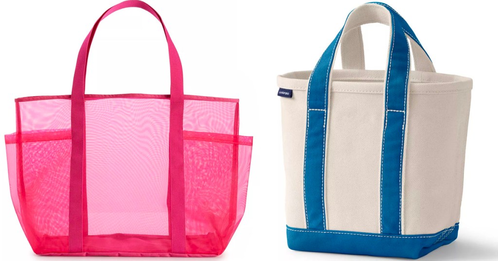 pink mesh and white and blue canvas totes