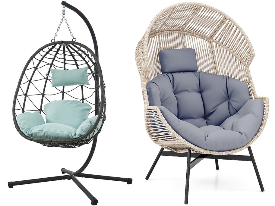 brown hanging chair with teal pillows and white egg chair with blue cushions 
