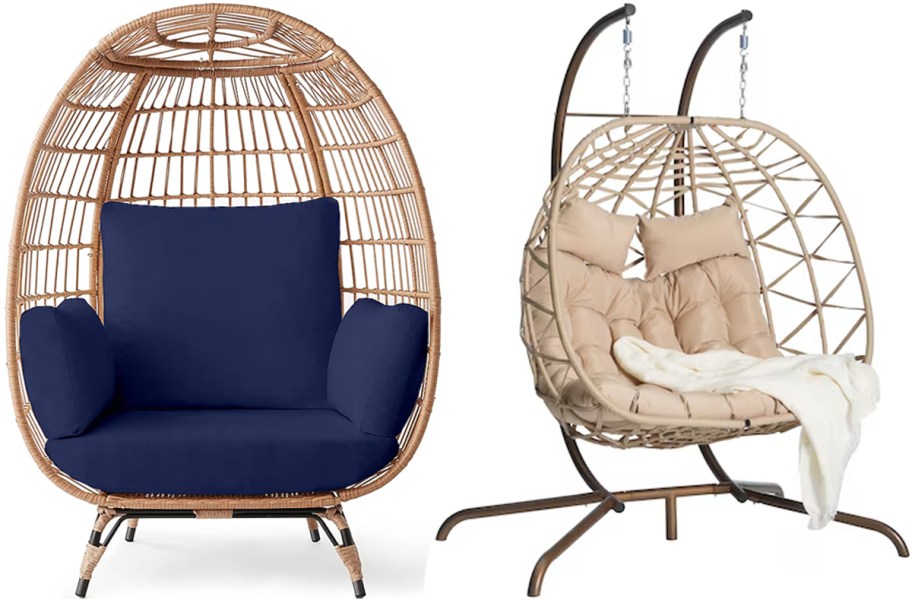egg chairs with blue and tan cushions 