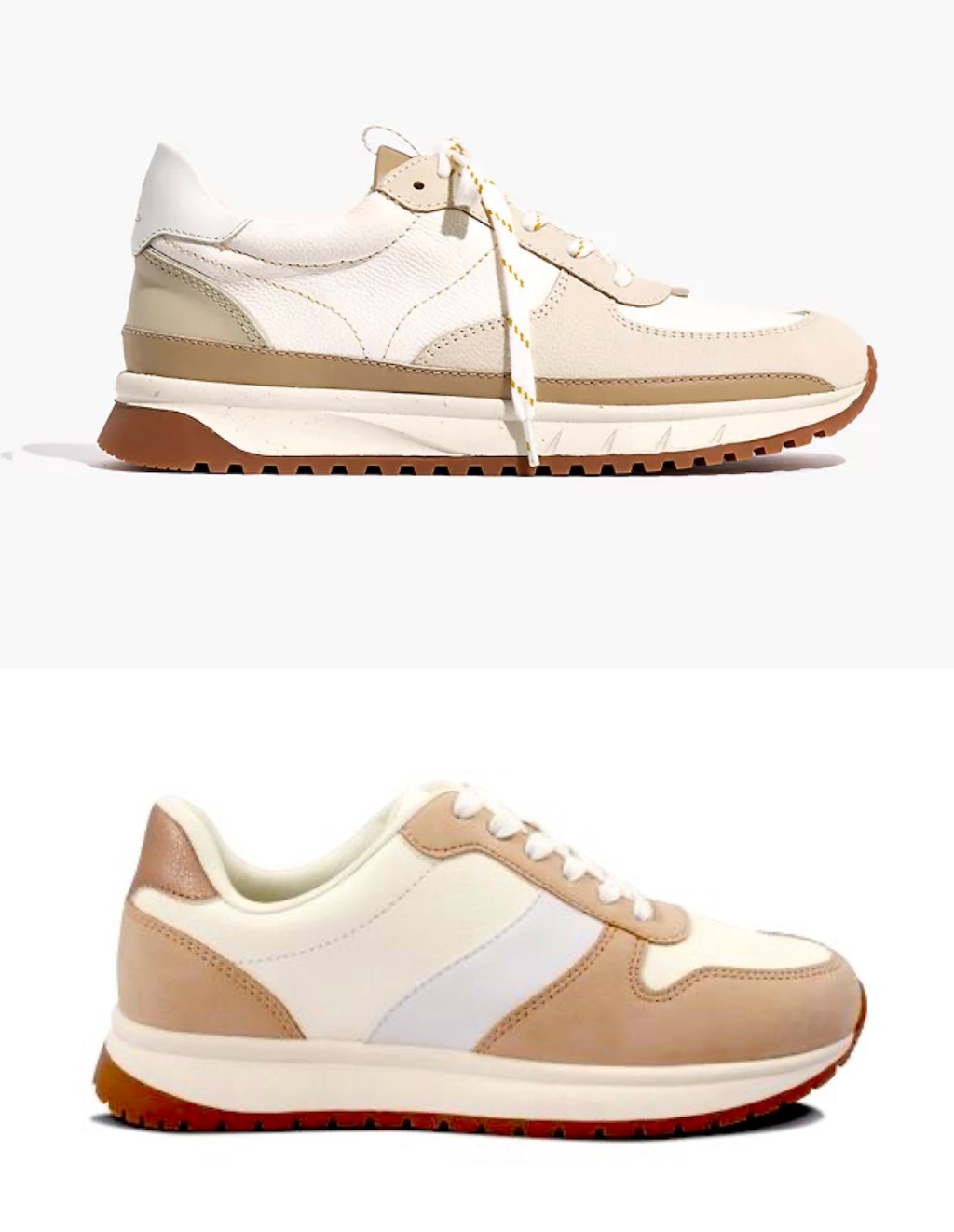 comparison between two stock photos of tan and white trainer sneakers