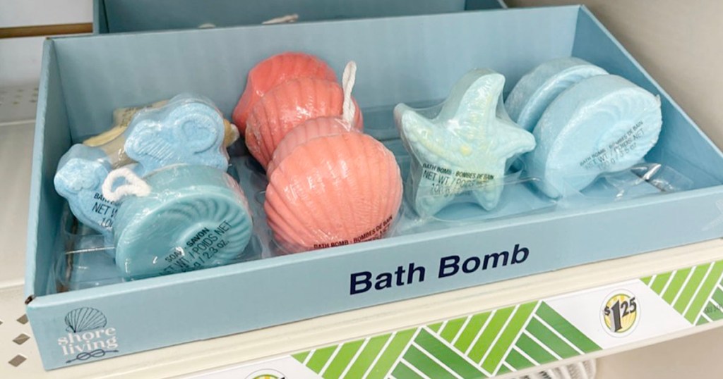 nautical themed bath bombs in box on shelf
