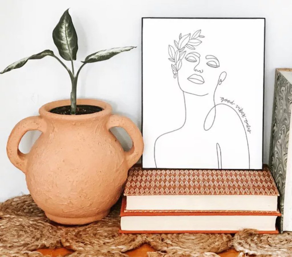 textured terracotta vase with plant books and artwork