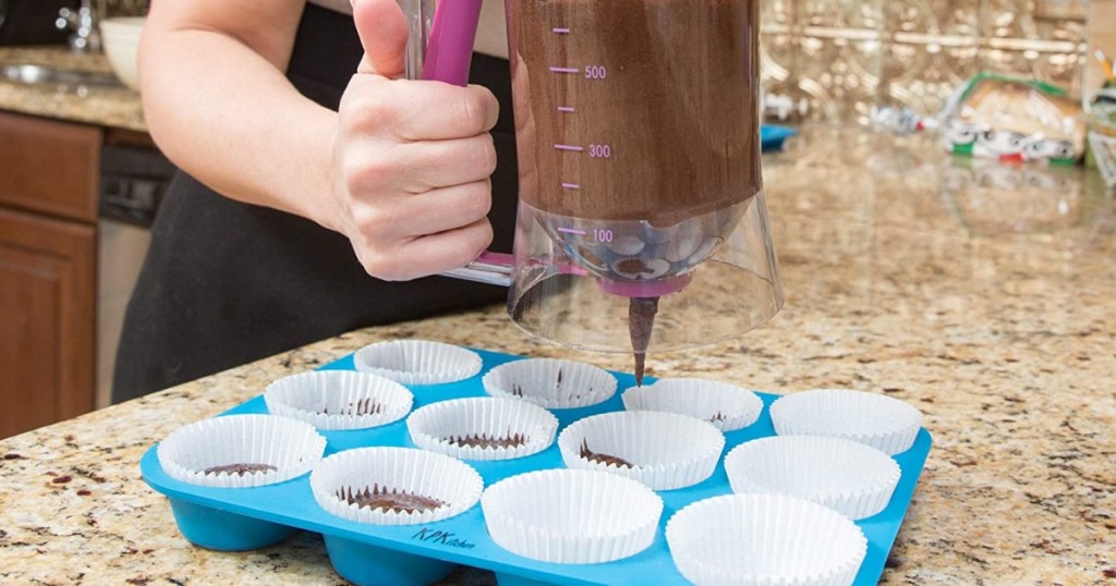 using a batter dispenser to fill cupcake wrappers