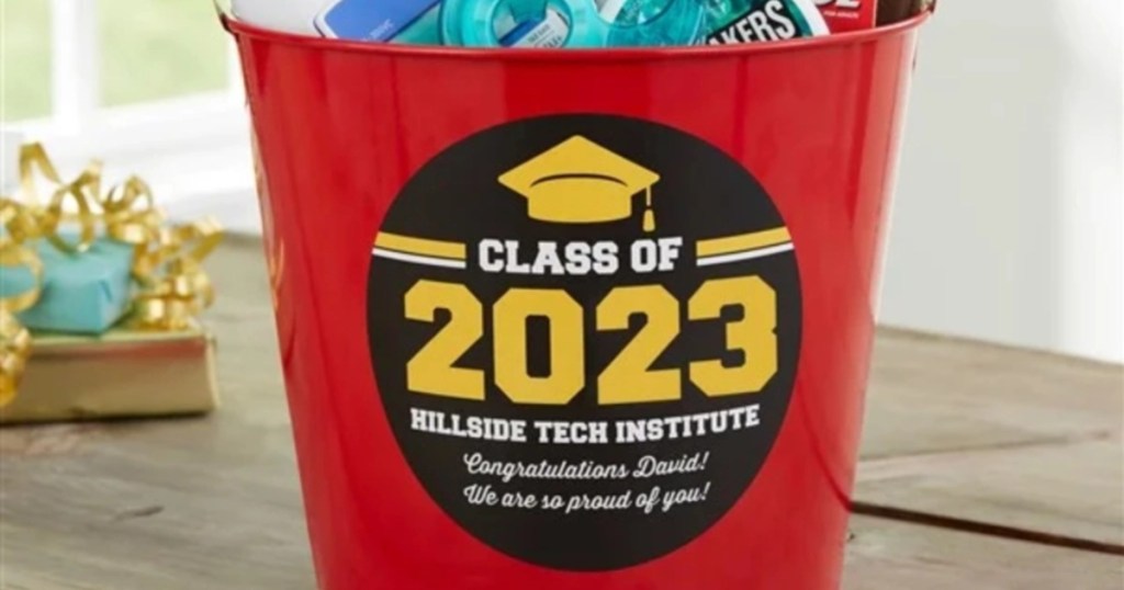 red graduation gift bucket