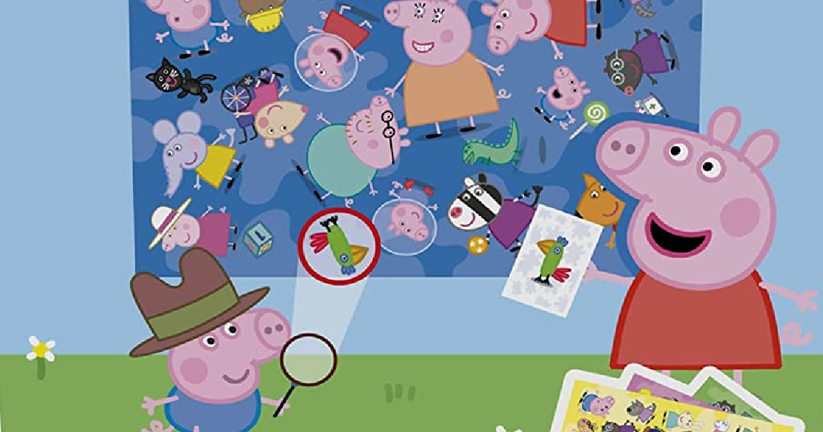 cartoon pig with little piggy friend looking at pictures