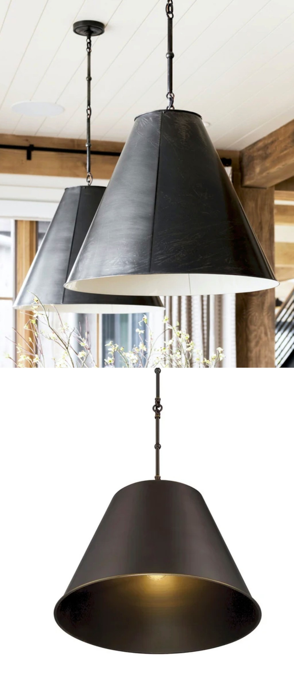 comparison of black matte pendant lights hanging from ceiling