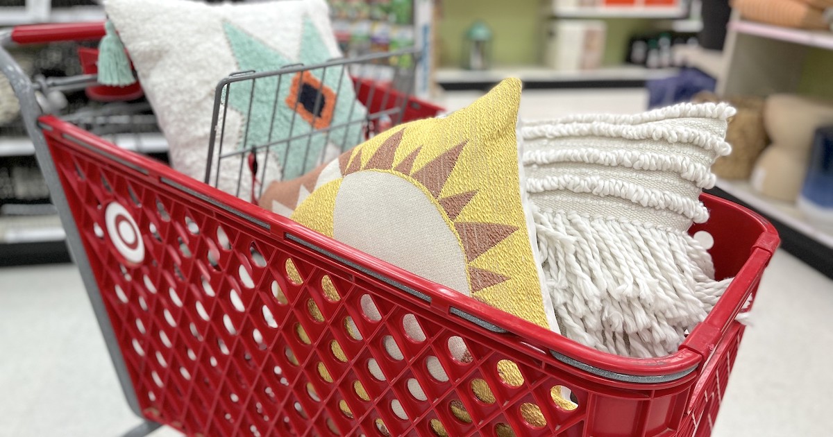 various types of colorful pillows in red target cart