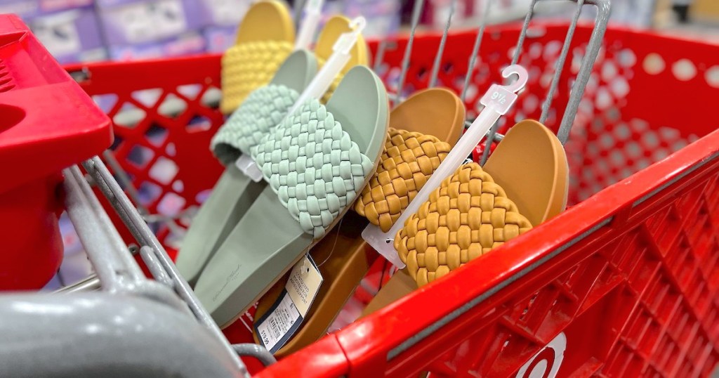 blue orange and yellow braided sandals in red target cart