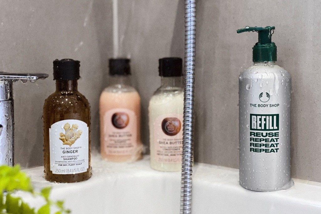 The Body Shop products in bathroom