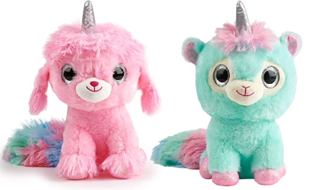 pink and green plush animal toys