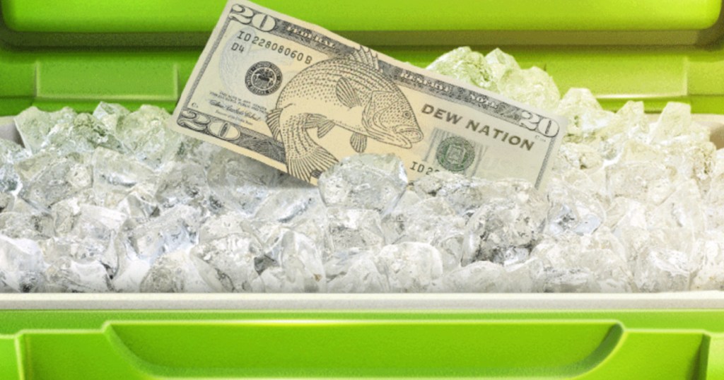 $20 cash Bill printed with Mountain Dew logo in cooler of ice