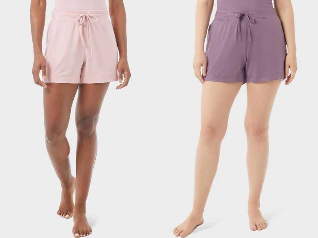 women wearing pink and purple sleep shorts