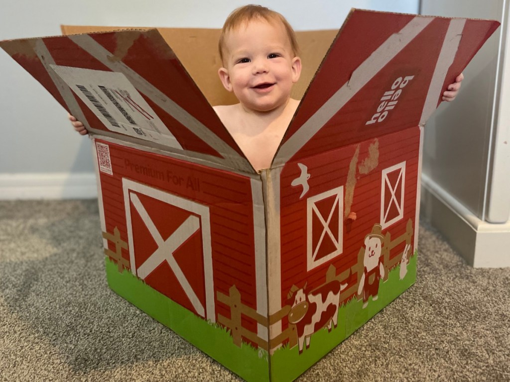 Baby popping out of Hello Bellow box
