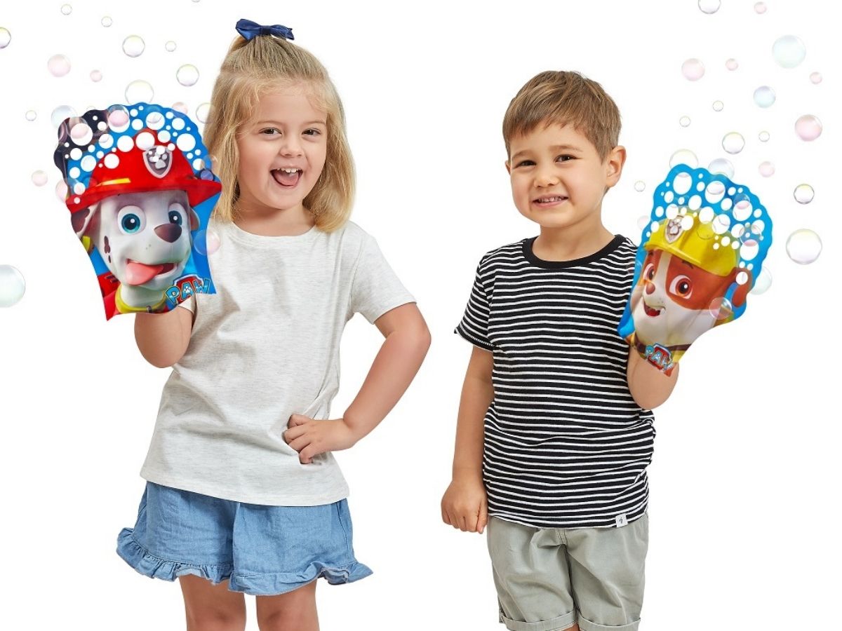 girl and boy using Bubble Wow Paw Patrol Chase and Rubble Glove-A-Bubbles