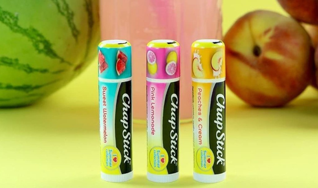 three ChapStick lip balms in summer scents