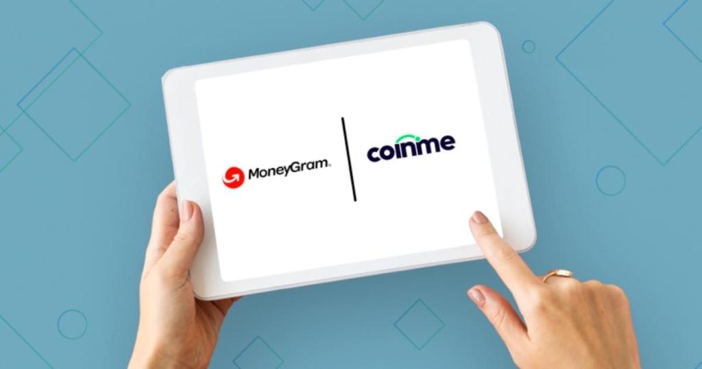 coinme and MoneyGram logos on tablet